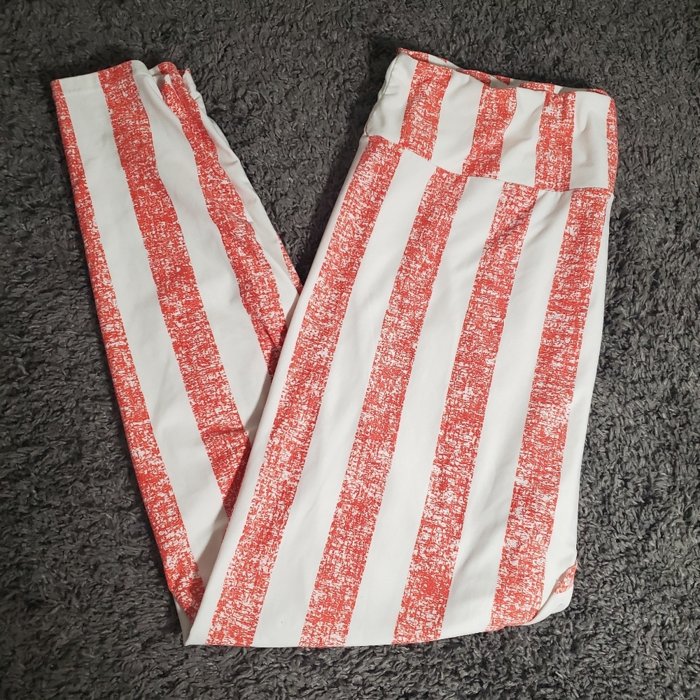 LulaRoe Orange White Stiped Womans Leggings Size TC2 Summer Beach Tall and Curvy